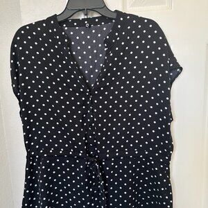 Cici Black with White Dots Sleeveless V Neck Blouse with Tie - Large